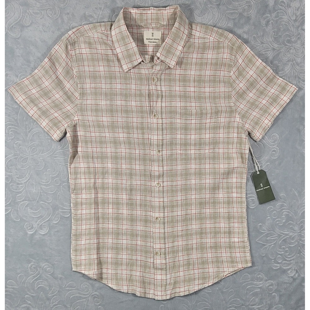 Mutual Weave Men's Linen Ivory Melon‎ Plaid Short Sleeve Button Up Shirt Size M